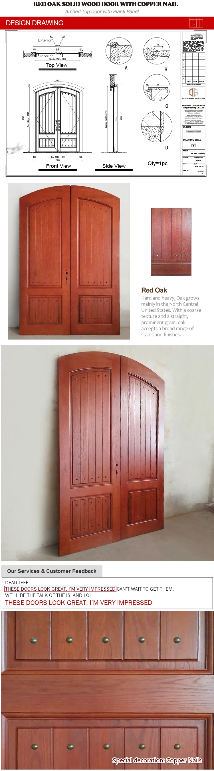 Red Oak Wood Copper Nail Front Entrance Door with Arched Top